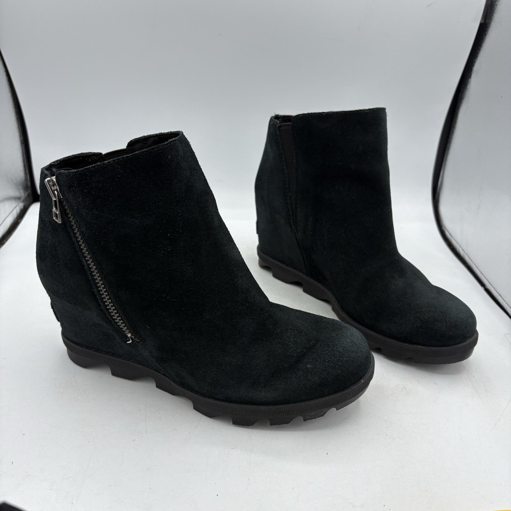 Sorel Boots Womens Size 9 Joan of Arctic Wedge Zip Chelsea Bootie Black Leather